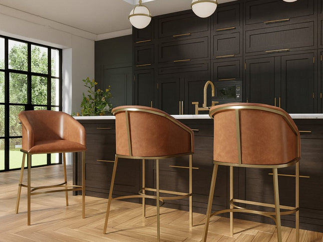 31" Brown and Gold Wood Fabric and Steel Low Back Bar Height Bar Chair