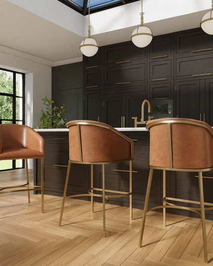 31" Brown and Gold Wood Fabric and Steel Low Back Bar Height Bar Chair