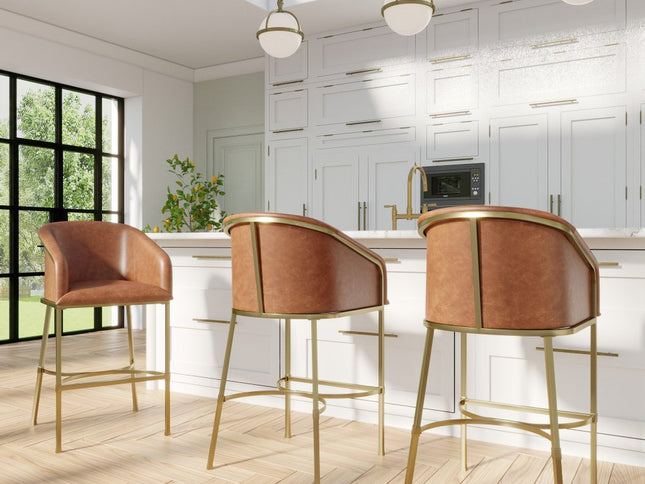 31" Brown and Gold Wood Fabric and Steel Low Back Bar Height Bar Chair