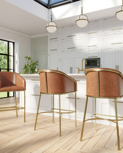 31" Brown and Gold Wood Fabric and Steel Low Back Bar Height Bar Chair