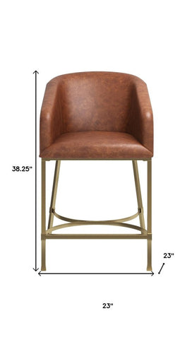26" Brown and Gold Wood Fabric and Steel Low Back Counter Height Bar Chair