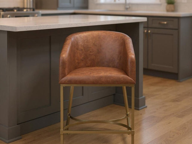 26" Brown and Gold Wood Fabric and Steel Low Back Counter Height Bar Chair