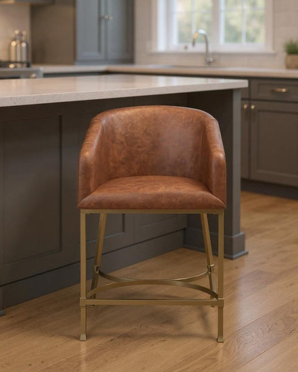 26" Brown and Gold Wood Fabric and Steel Low Back Counter Height Bar Chair