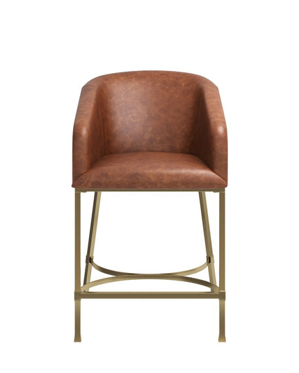 26" Brown and Gold Wood Fabric and Steel Low Back Counter Height Bar Chair