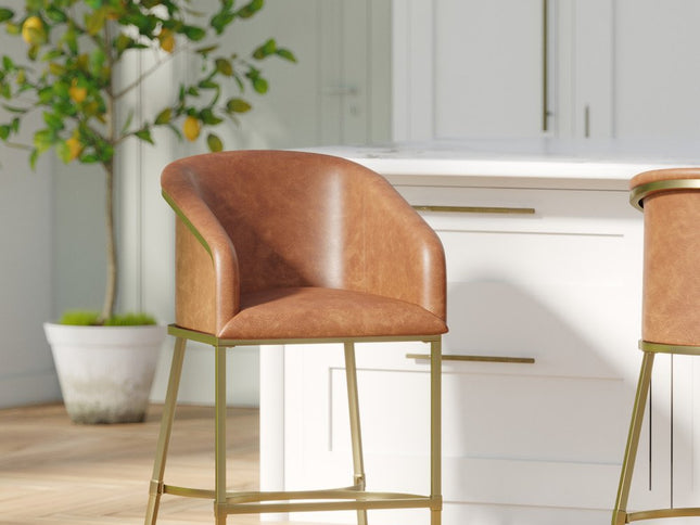 26" Brown and Gold Wood Fabric and Steel Low Back Counter Height Bar Chair