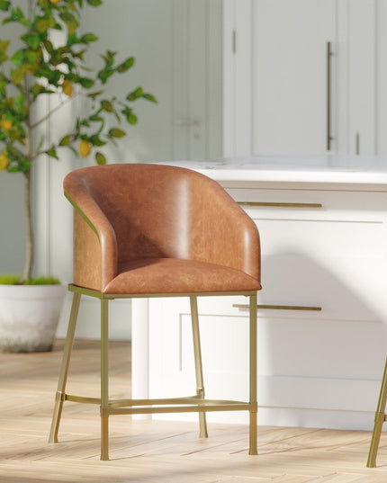 26" Brown and Gold Wood Fabric and Steel Low Back Counter Height Bar Chair