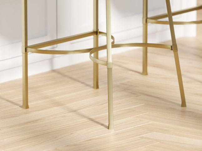 26" Brown and Gold Wood Fabric and Steel Low Back Counter Height Bar Chair