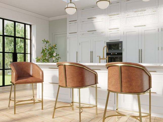 26" Brown and Gold Wood Fabric and Steel Low Back Counter Height Bar Chair