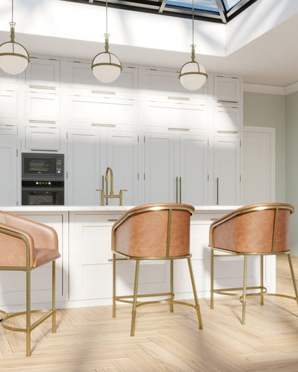 26" Brown and Gold Wood Fabric and Steel Low Back Counter Height Bar Chair