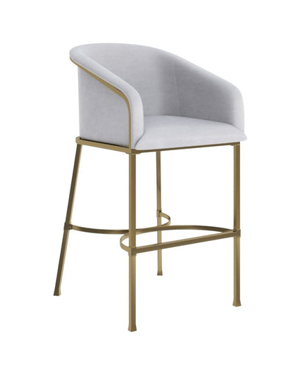 31" White and Gold Wood Fabric and Steel Low Back Bar Height Bar Chair