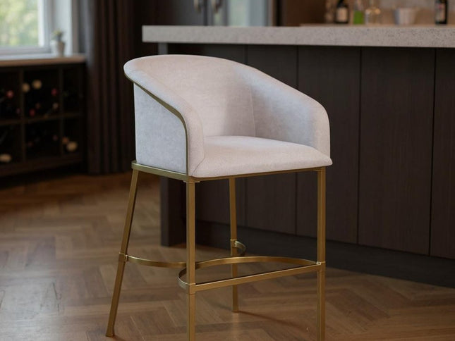 31" White and Gold Wood Fabric and Steel Low Back Bar Height Bar Chair