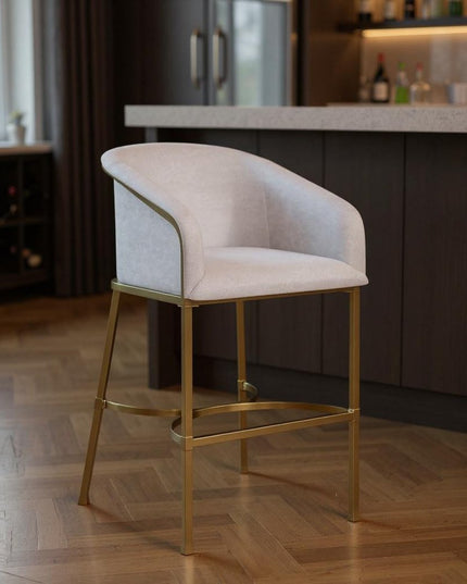 31" White and Gold Wood Fabric and Steel Low Back Bar Height Bar Chair