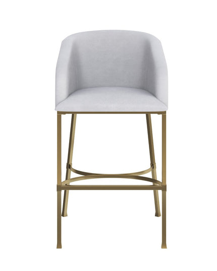 31" White and Gold Wood Fabric and Steel Low Back Bar Height Bar Chair