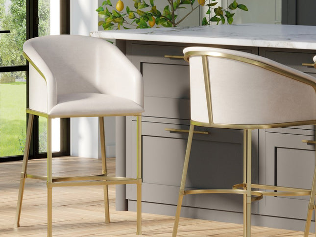 31" White and Gold Wood Fabric and Steel Low Back Bar Height Bar Chair