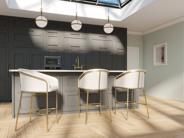 31" White and Gold Wood Fabric and Steel Low Back Bar Height Bar Chair