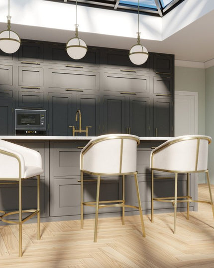 31" White and Gold Wood Fabric and Steel Low Back Bar Height Bar Chair