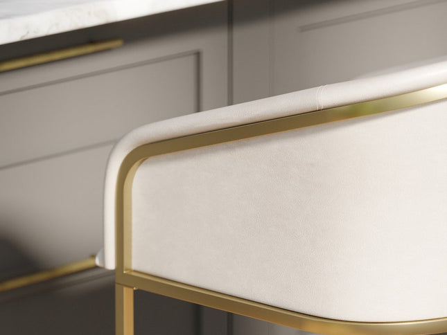 31" White and Gold Wood Fabric and Steel Low Back Bar Height Bar Chair