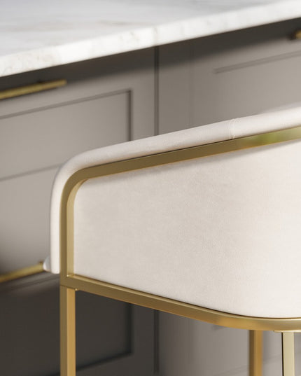 31" White and Gold Wood Fabric and Steel Low Back Bar Height Bar Chair