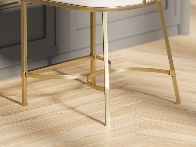 31" White and Gold Wood Fabric and Steel Low Back Bar Height Bar Chair