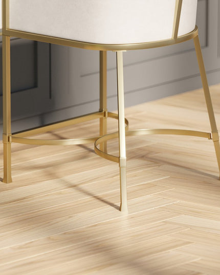 31" White and Gold Wood Fabric and Steel Low Back Bar Height Bar Chair