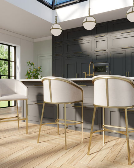 31" White and Gold Wood Fabric and Steel Low Back Bar Height Bar Chair