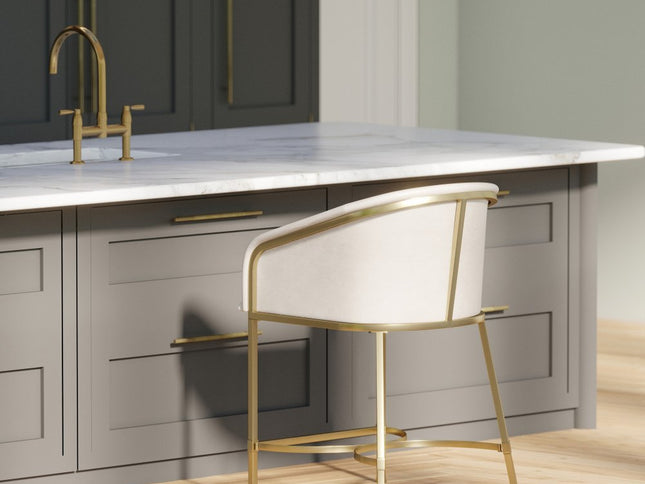 26" White and Gold Wood Fabric and Steel Low Back Counter Height Bar Chair