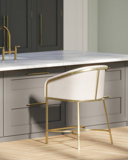 26" White and Gold Wood Fabric and Steel Low Back Counter Height Bar Chair