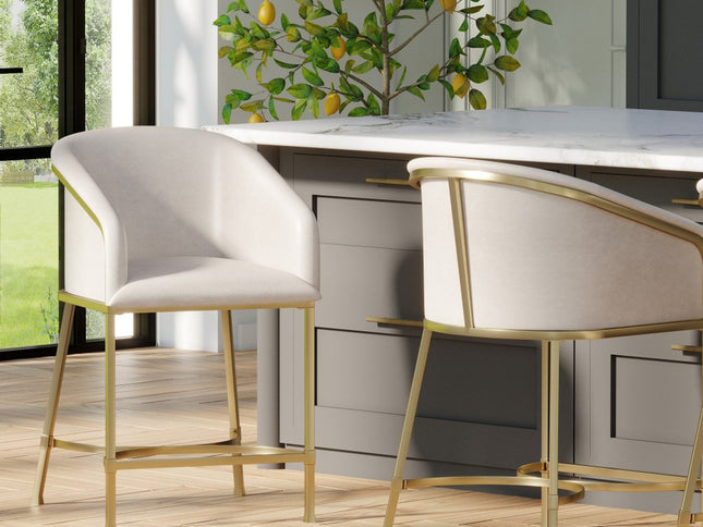 26" White and Gold Wood Fabric and Steel Low Back Counter Height Bar Chair