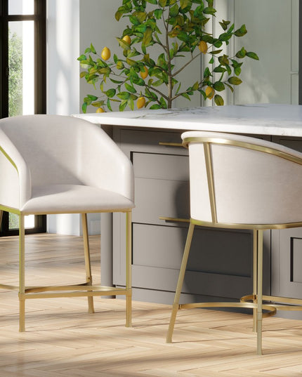 26" White and Gold Wood Fabric and Steel Low Back Counter Height Bar Chair