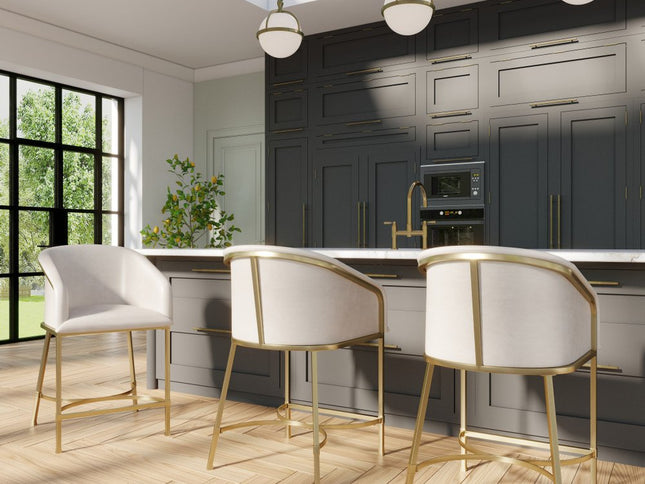 26" White and Gold Wood Fabric and Steel Low Back Counter Height Bar Chair