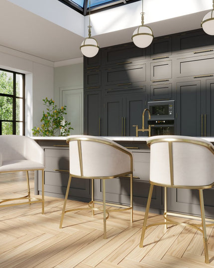 26" White and Gold Wood Fabric and Steel Low Back Counter Height Bar Chair