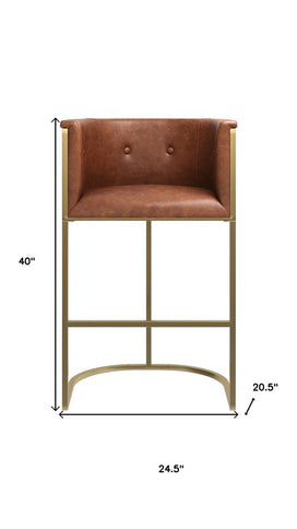 31" Brown and Gold Wood Fabric and Steel Low Back Bar Height Bar Chair