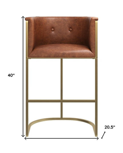 31" Brown and Gold Wood Fabric and Steel Low Back Bar Height Bar Chair
