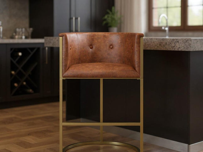 31" Brown and Gold Wood Fabric and Steel Low Back Bar Height Bar Chair