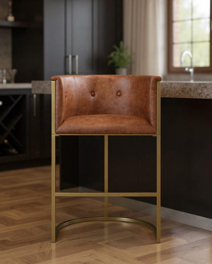 31" Brown and Gold Wood Fabric and Steel Low Back Bar Height Bar Chair