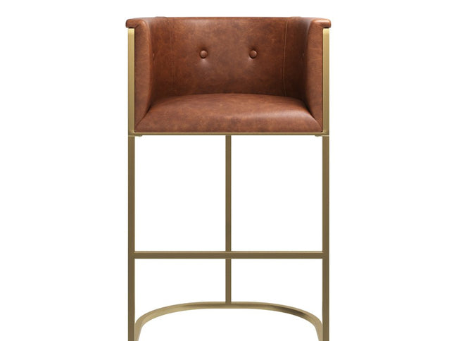 31" Brown and Gold Wood Fabric and Steel Low Back Bar Height Bar Chair