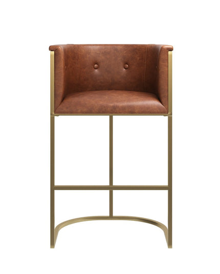31" Brown and Gold Wood Fabric and Steel Low Back Bar Height Bar Chair
