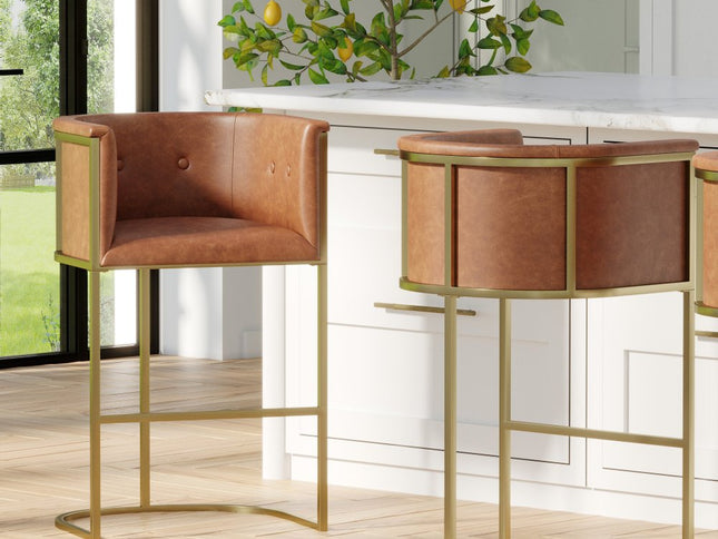 31" Brown and Gold Wood Fabric and Steel Low Back Bar Height Bar Chair