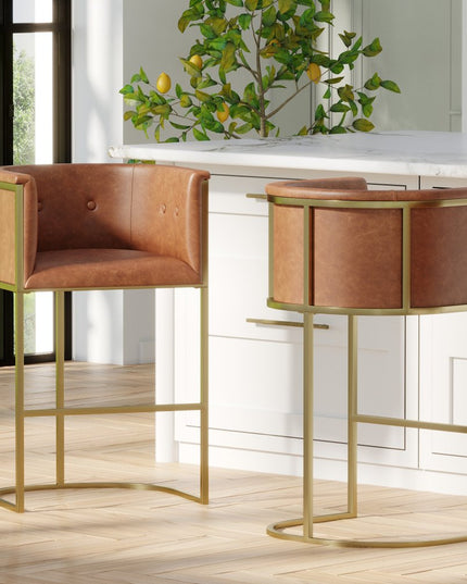 31" Brown and Gold Wood Fabric and Steel Low Back Bar Height Bar Chair