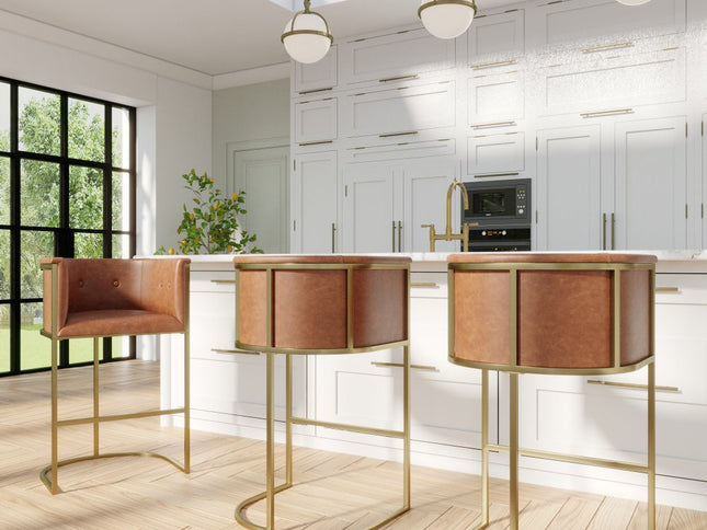 31" Brown and Gold Wood Fabric and Steel Low Back Bar Height Bar Chair