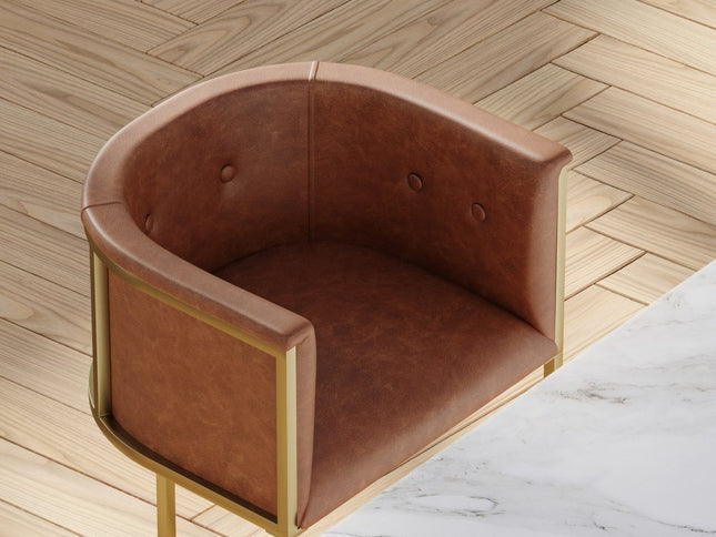 31" Brown and Gold Wood Fabric and Steel Low Back Bar Height Bar Chair