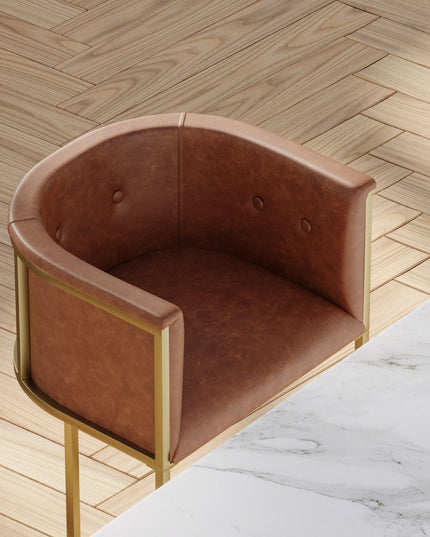 31" Brown and Gold Wood Fabric and Steel Low Back Bar Height Bar Chair