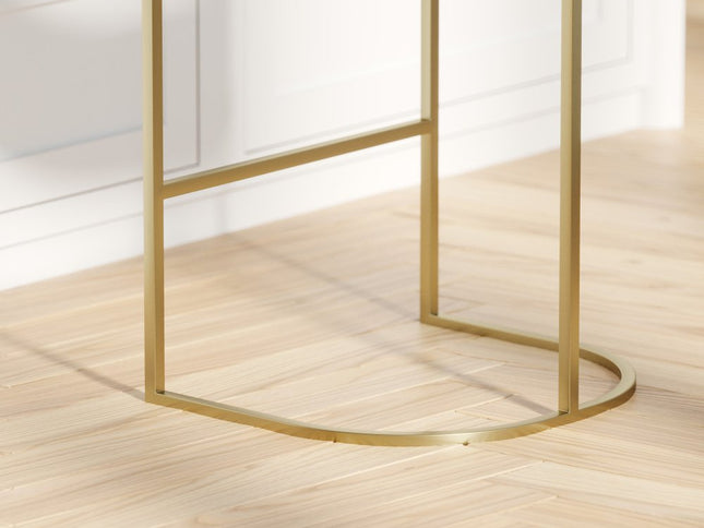 31" Brown and Gold Wood Fabric and Steel Low Back Bar Height Bar Chair