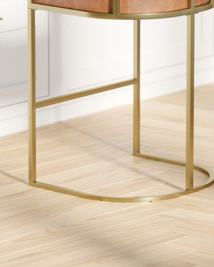 31" Brown and Gold Wood Fabric and Steel Low Back Bar Height Bar Chair