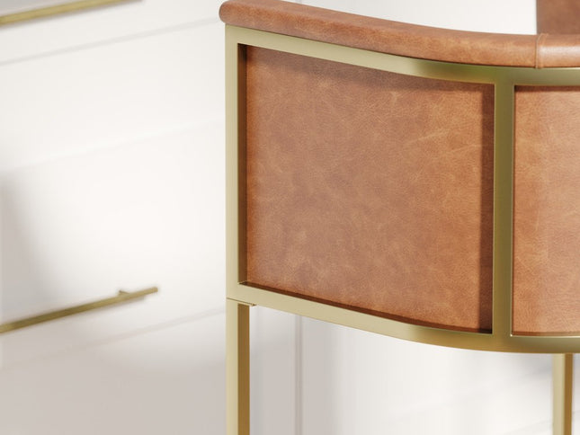 31" Brown and Gold Wood Fabric and Steel Low Back Bar Height Bar Chair