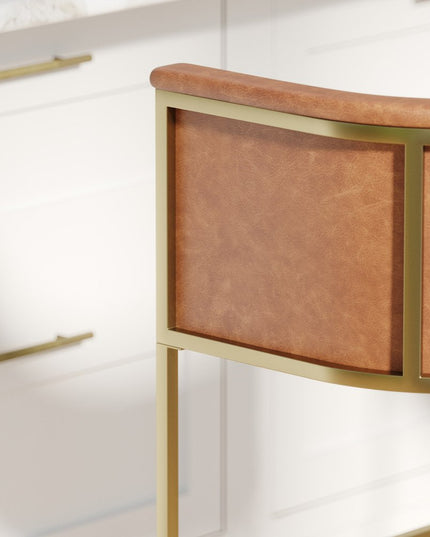 31" Brown and Gold Wood Fabric and Steel Low Back Bar Height Bar Chair