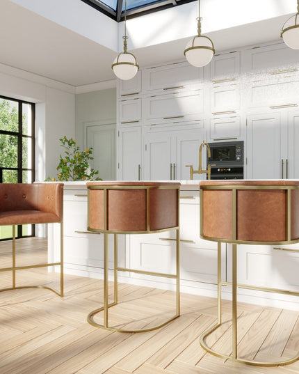 31" Brown and Gold Wood Fabric and Steel Low Back Bar Height Bar Chair