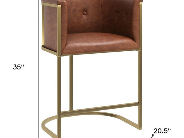 26" Brown and Gold Wood Fabric and Steel Low Back Counter Height Bar Chair