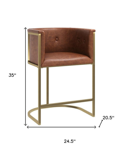 26" Brown and Gold Wood Fabric and Steel Low Back Counter Height Bar Chair