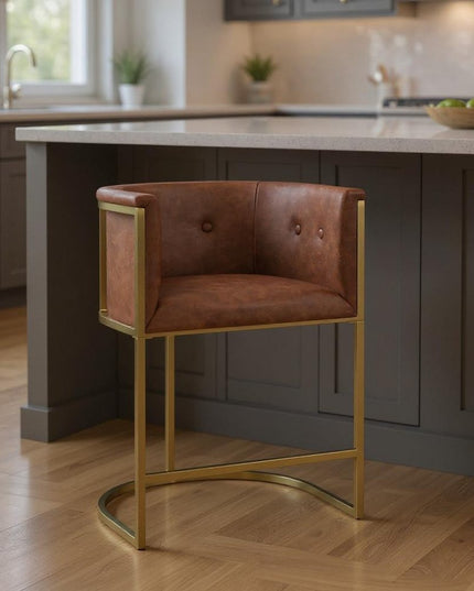 26" Brown and Gold Wood Fabric and Steel Low Back Counter Height Bar Chair